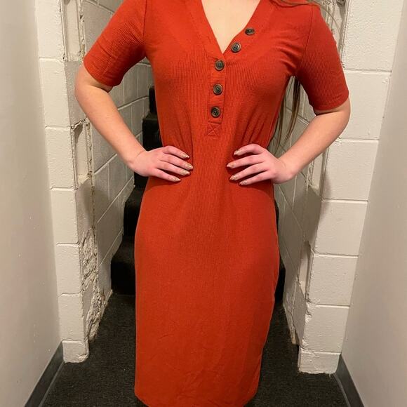 LOFT Brand Medium Petite Henley Midi Dress Rust Orange SOLD OUT ONLINE - Picture 2 of 6